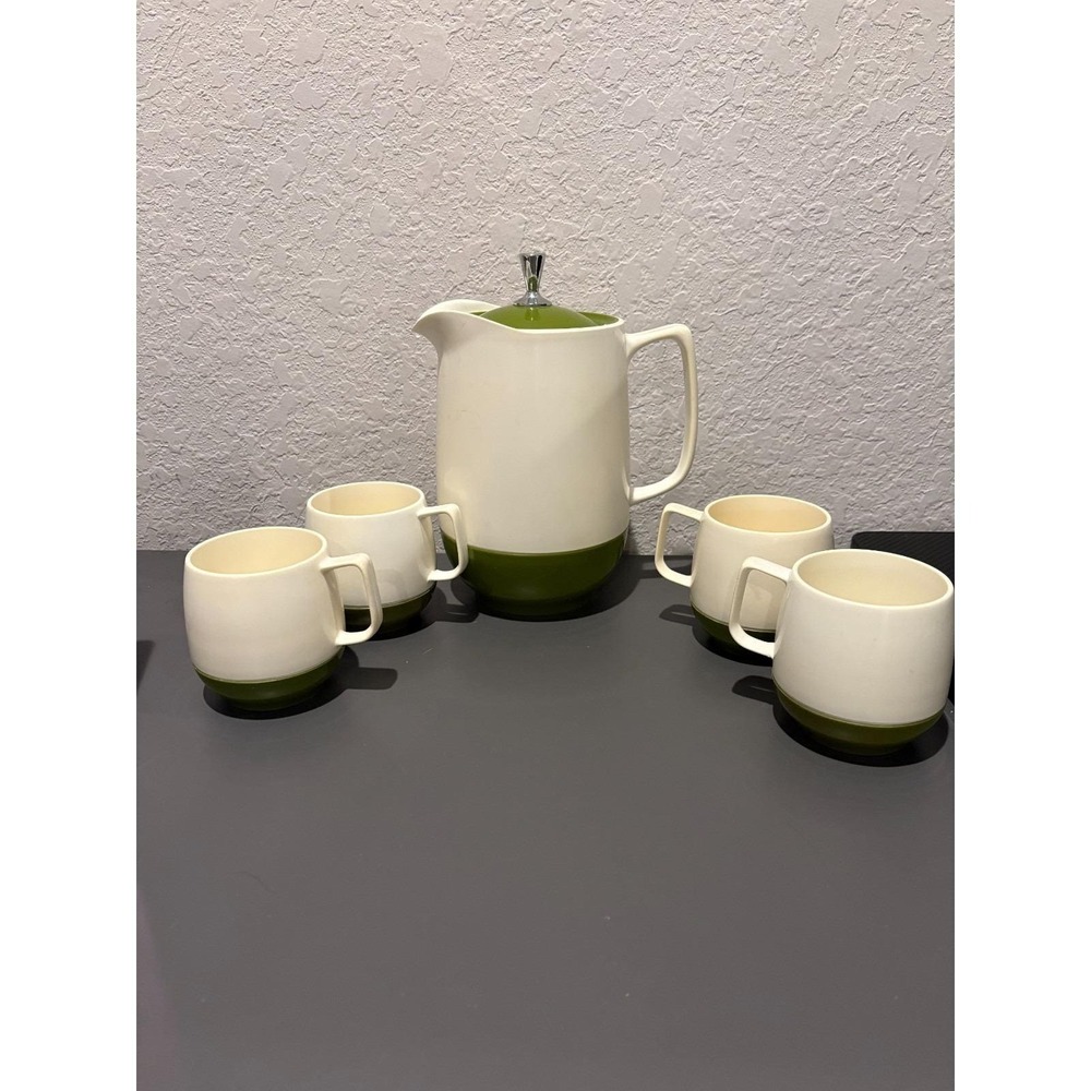 Vintage Thermos Insulated Ware Set - Pitcher & 4 Cups, Olive Green & Cream
